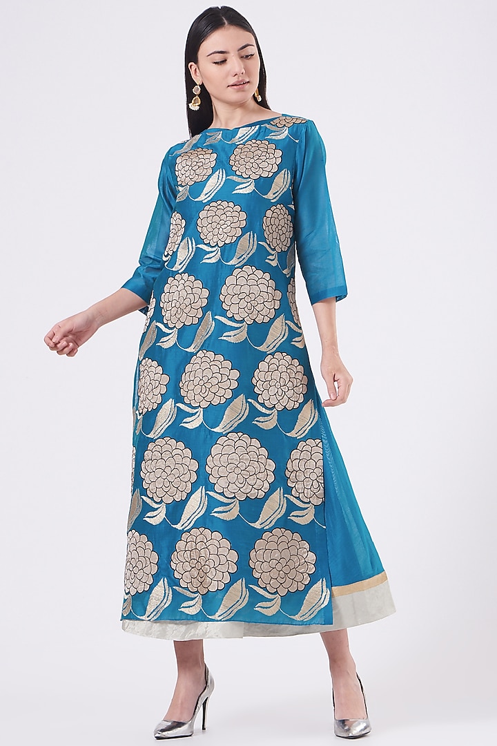 Teal Embroidered Layered Dress by Taika By Poonam Bhagat