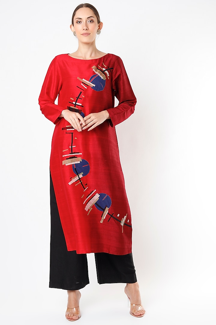 Red Raw Silk Tunic Set Design By Taika By Poonam Bhagat At Pernia's Pop 