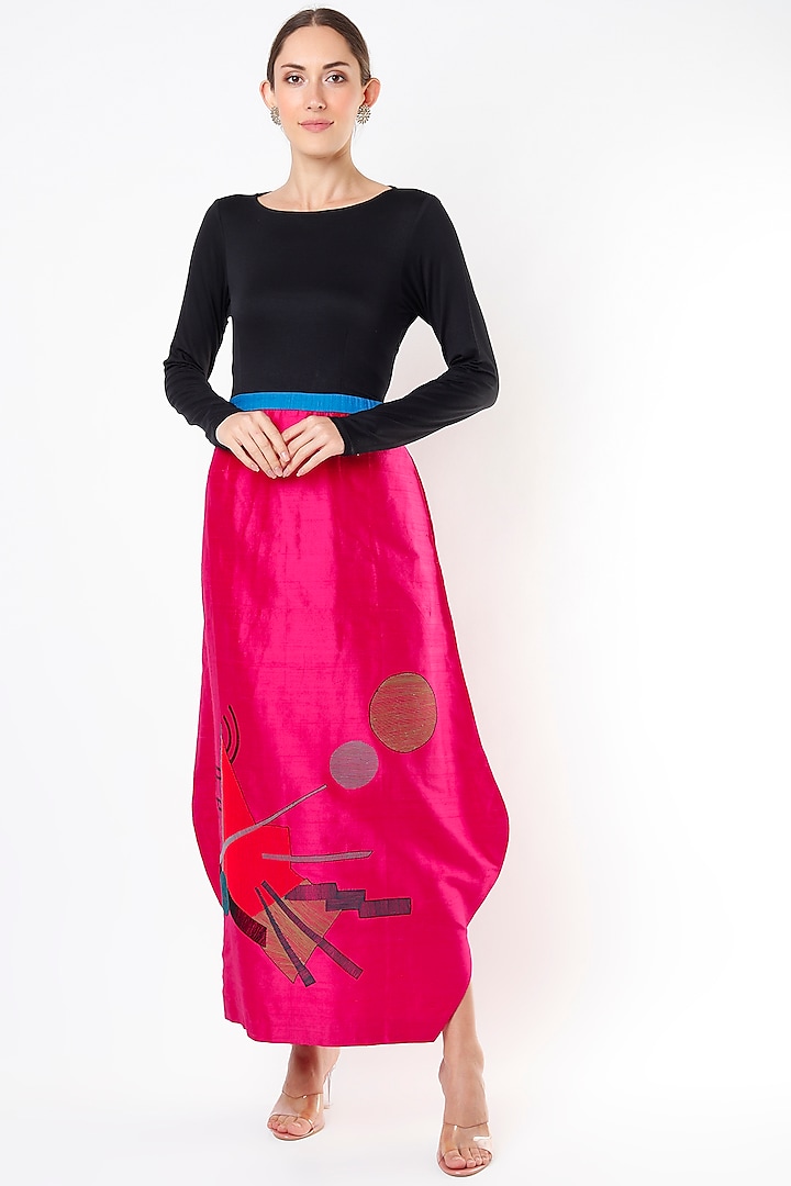 Black & Hot Pink Embroidered Dress by Taika By Poonam Bhagat