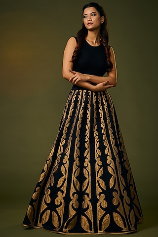 Black Raw Silk Embroidered Skirt Set by Taika By Poonam Bhagat