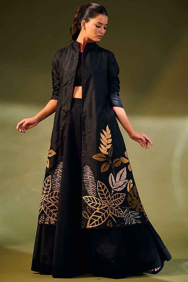 Black Silk Embroidered Jacket by Taika By Poonam Bhagat at Pernia's Pop Up Shop