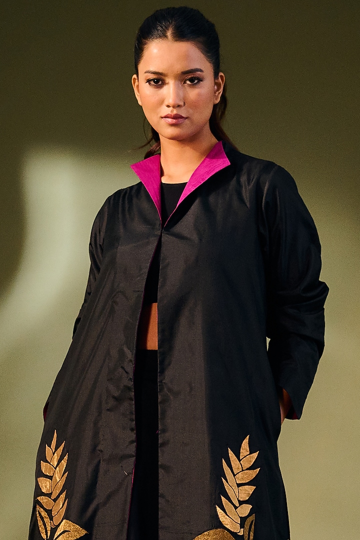 Black Silk Embroidered Jacket by Taika By Poonam Bhagat at Pernia's Pop Up Shop