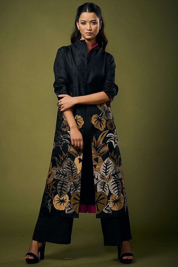 Black Silk Embroidered Jacket by Taika By Poonam Bhagat at Pernia's Pop Up Shop