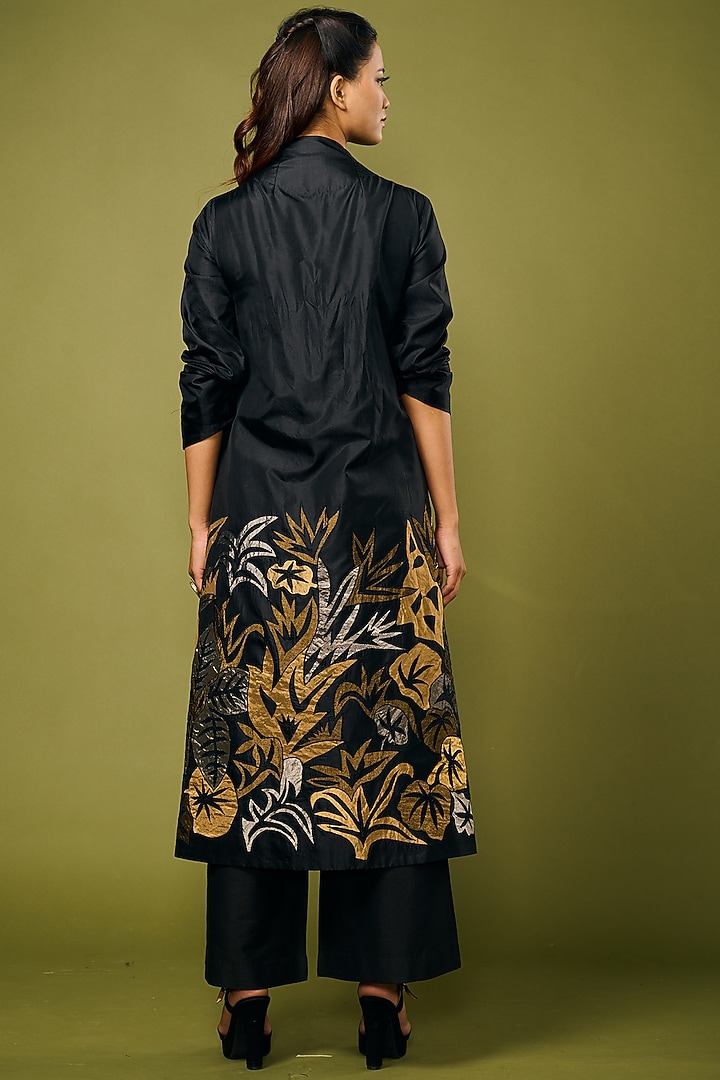 Black Silk Embroidered Jacket by Taika By Poonam Bhagat at Pernia's Pop Up Shop