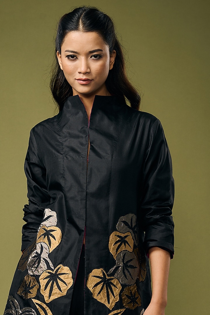 Black Silk Embroidered Jacket by Taika By Poonam Bhagat at Pernia's Pop Up Shop