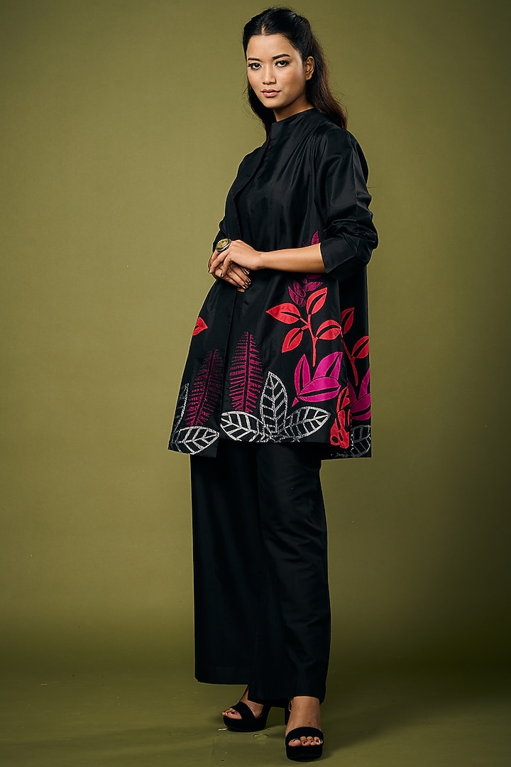 Black Silk Embroidered Jacket by Taika By Poonam Bhagat at Pernia's Pop Up Shop