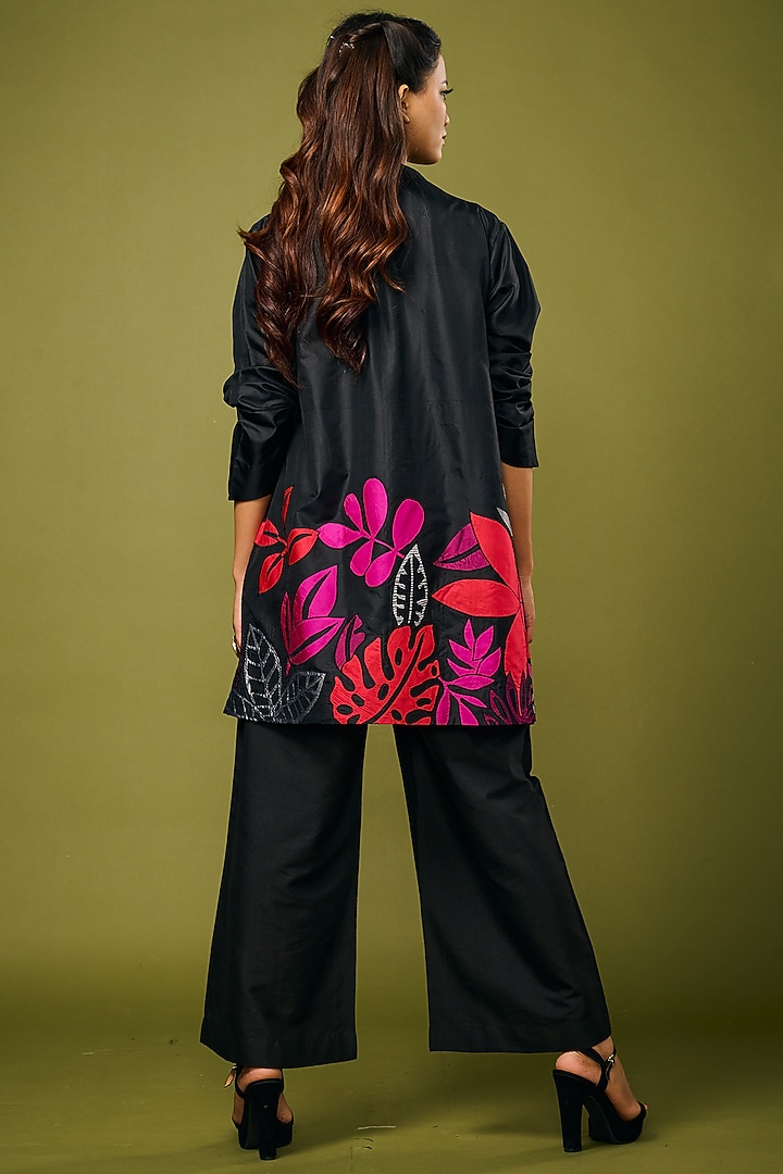 Black Silk Embroidered Jacket by Taika By Poonam Bhagat at Pernia's Pop Up Shop