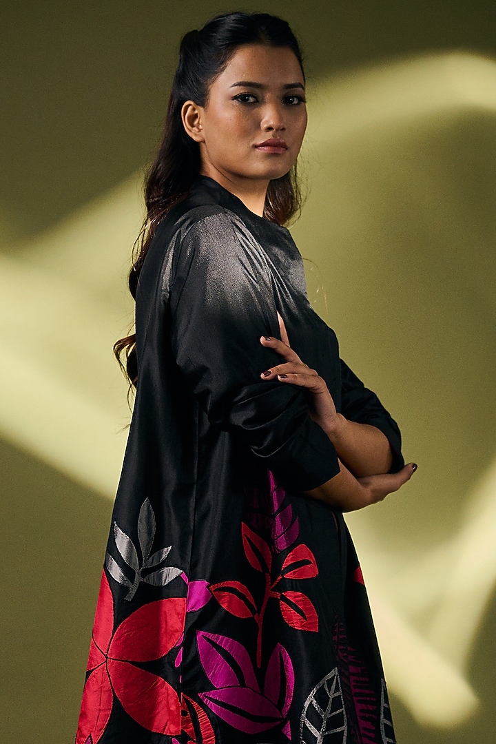 Black Silk Embroidered Jacket by Taika By Poonam Bhagat at Pernia's Pop Up Shop