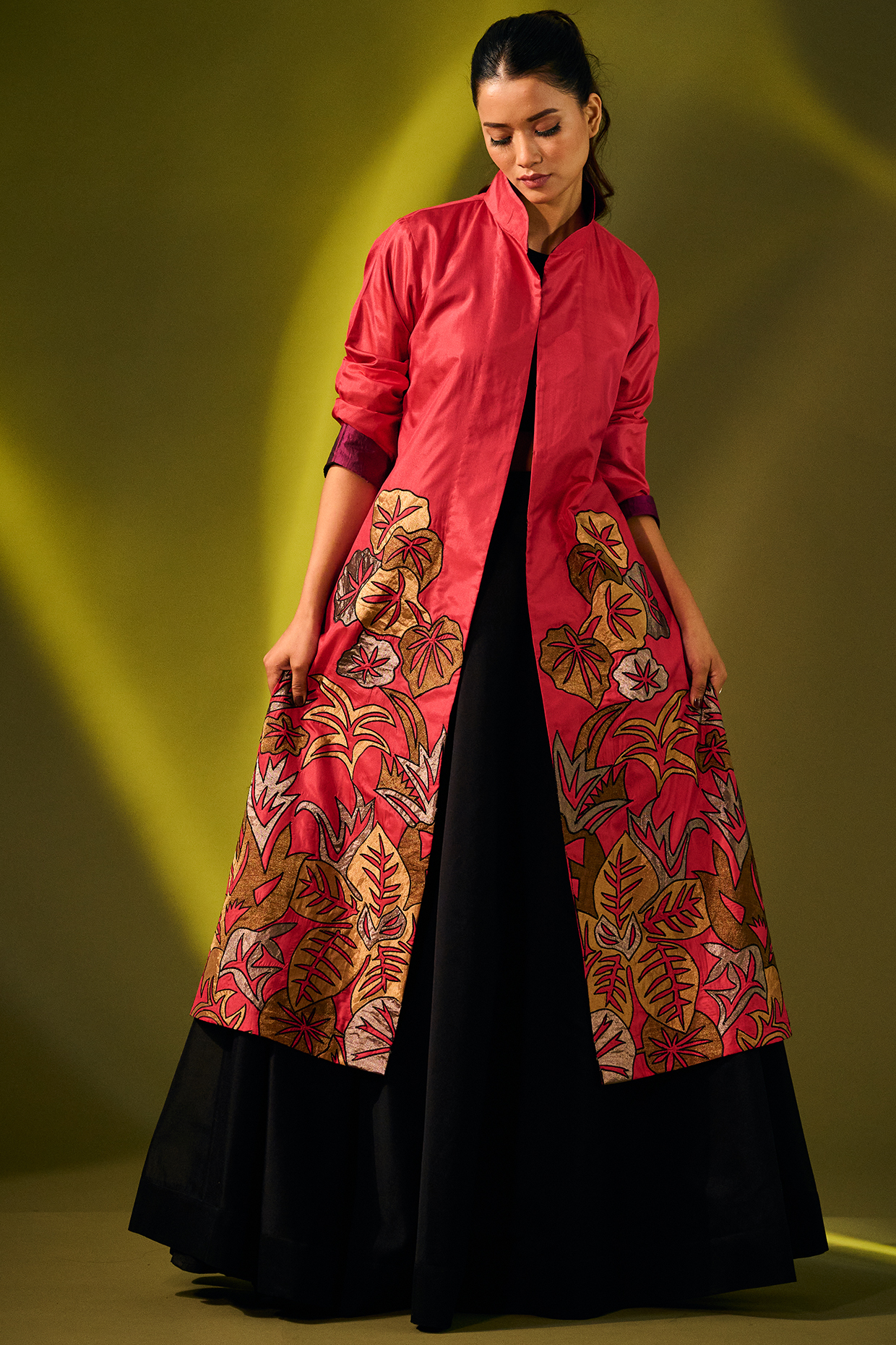 Red Silk Embroidered Jacket by Taika By Poonam Bhagat at Pernia's Pop Up Shop
