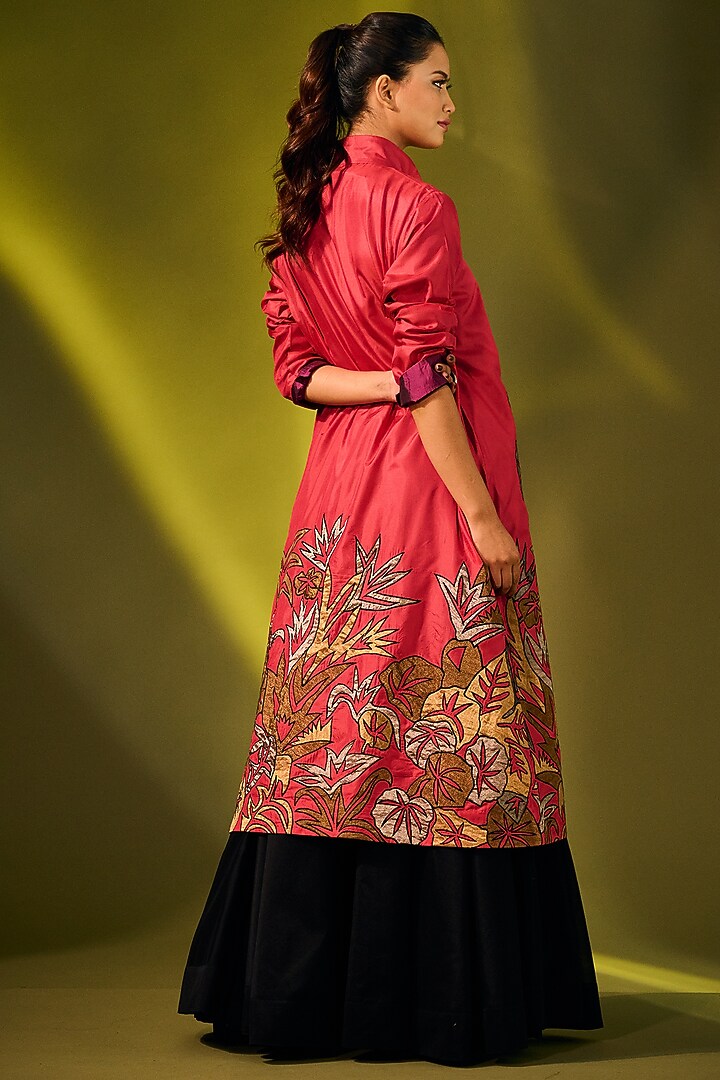 Red Silk Embroidered Jacket by Taika By Poonam Bhagat at Pernia's Pop Up Shop
