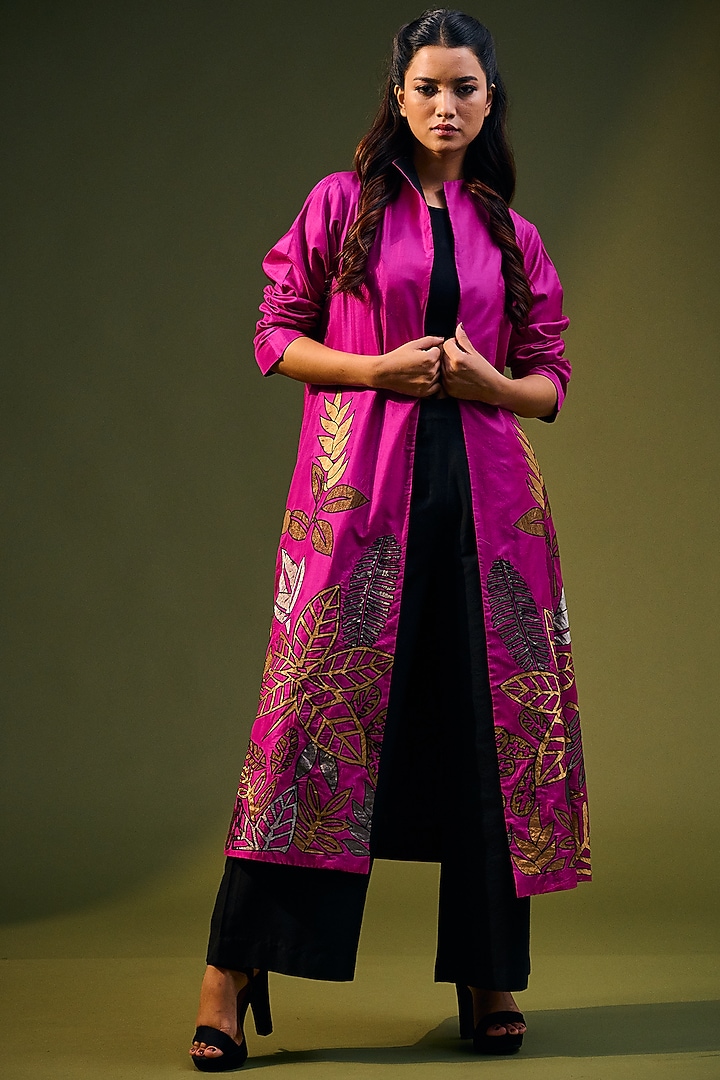 Fuschia Silk Embroidered Jacket by Taika By Poonam Bhagat at Pernia's Pop Up Shop