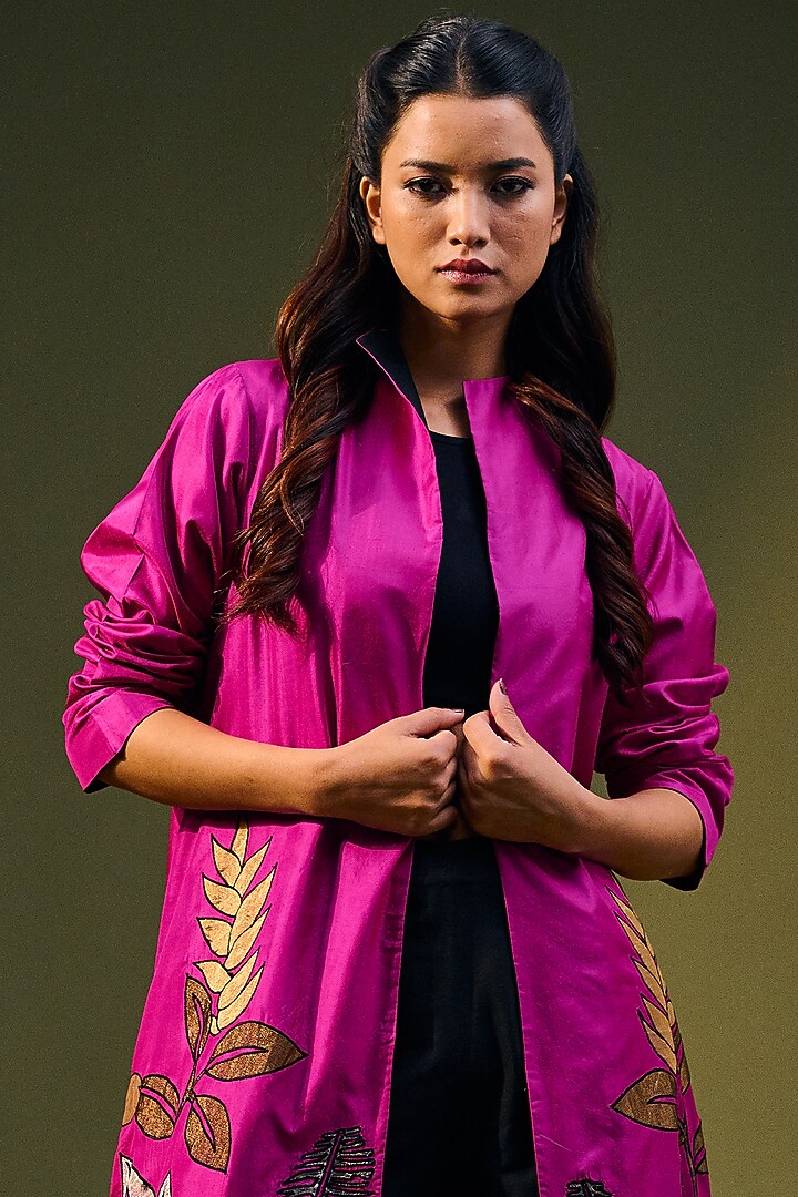 Fuschia Silk Embroidered Jacket by Taika By Poonam Bhagat at Pernia's Pop Up Shop