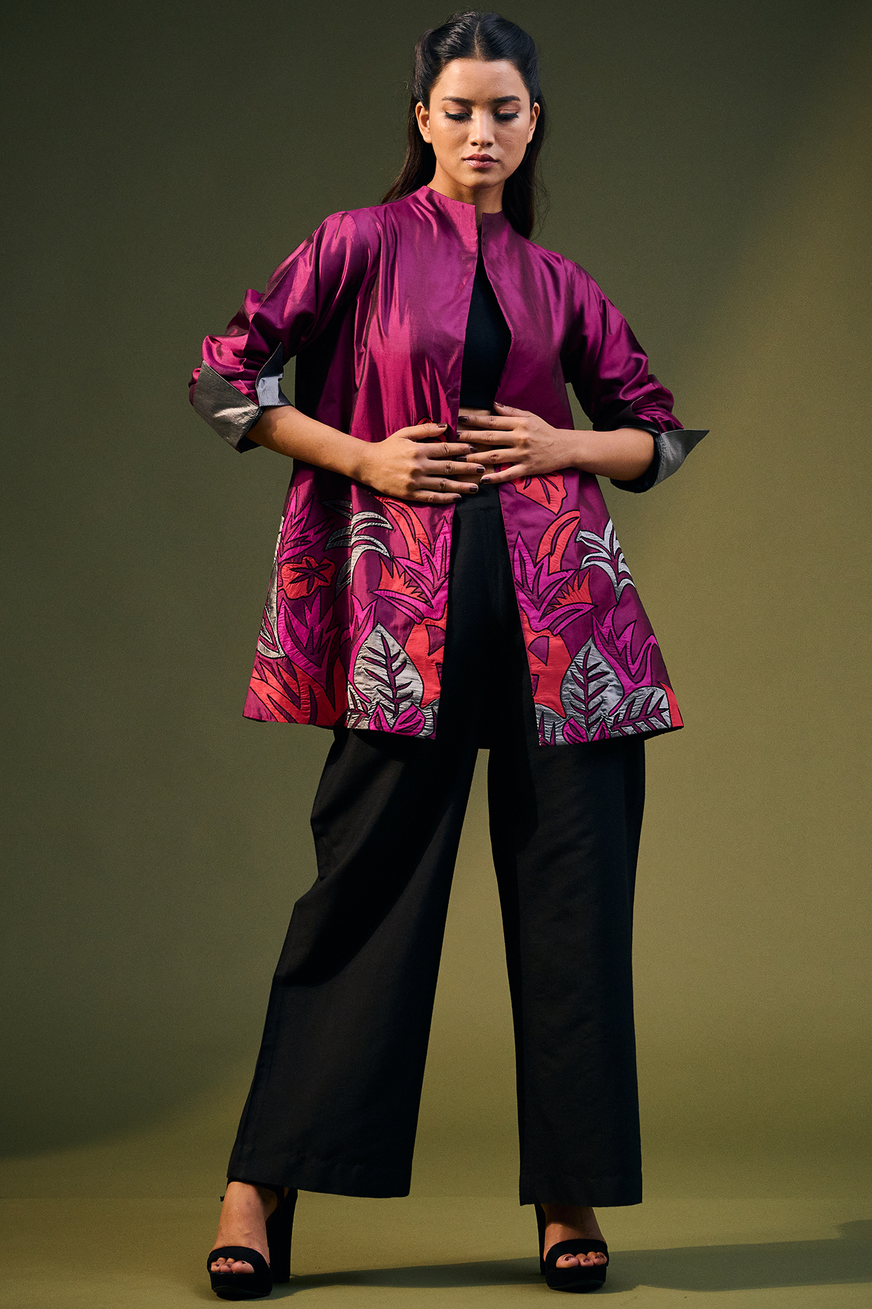Ruby Silk Embroidered Jacket by Taika By Poonam Bhagat at Pernia's Pop Up Shop