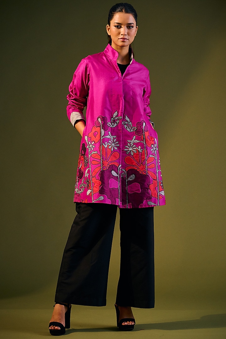 Fuschia Silk Embroidered Jacket by Taika By Poonam Bhagat at Pernia's Pop Up Shop