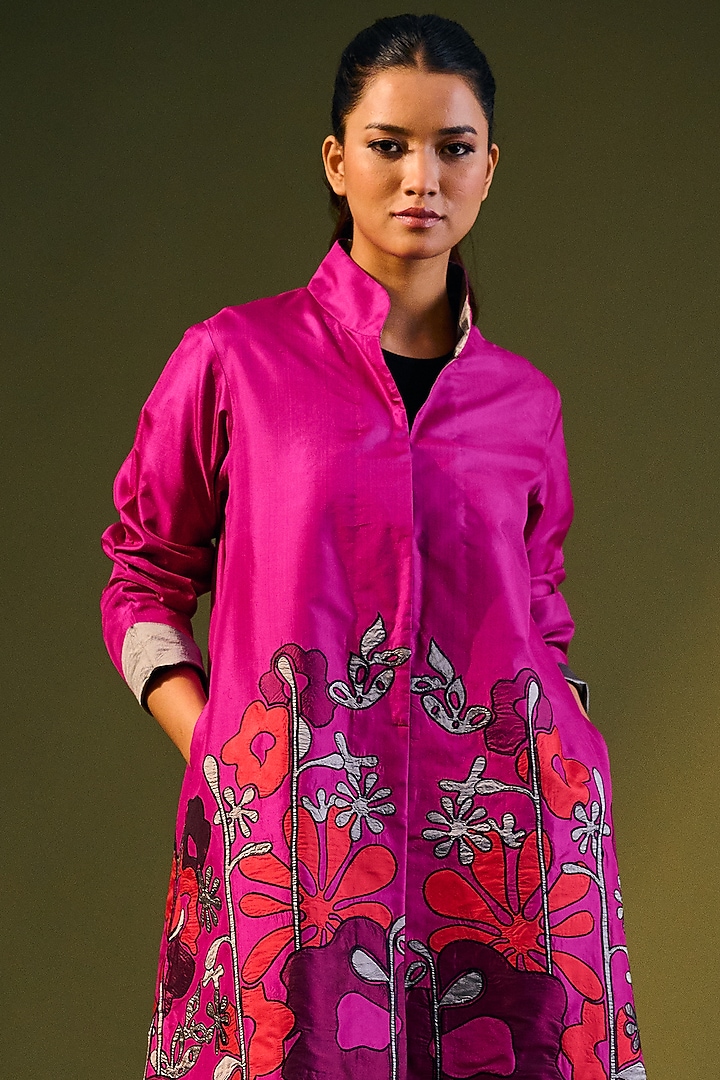 Fuschia Silk Embroidered Jacket by Taika By Poonam Bhagat at Pernia's Pop Up Shop