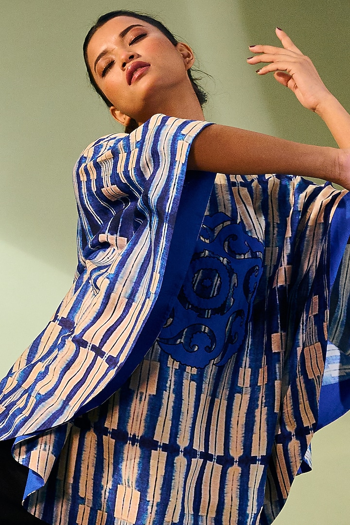 Blue Printed Poncho Top by Taika By Poonam Bhagat at Pernia's Pop Up Shop