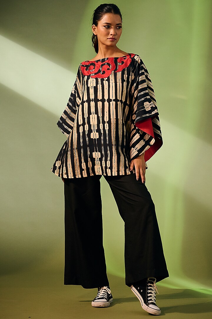 Black & Red Printed Poncho Top by Taika By Poonam Bhagat