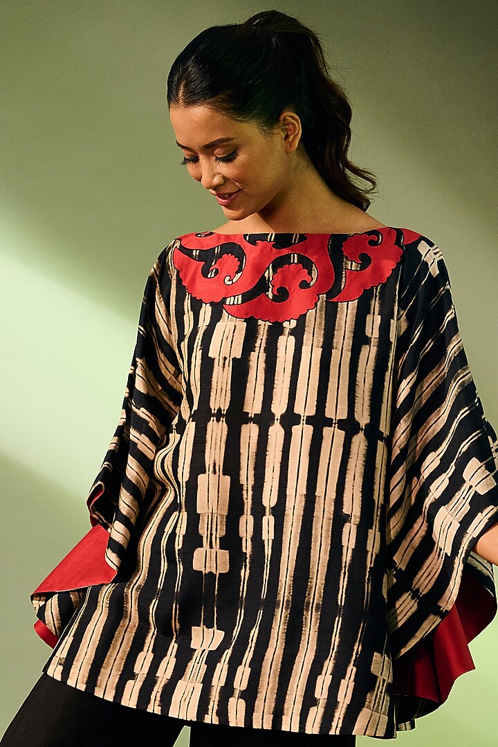 Black & Red Printed Poncho Top by Taika By Poonam Bhagat at Pernia's Pop Up Shop