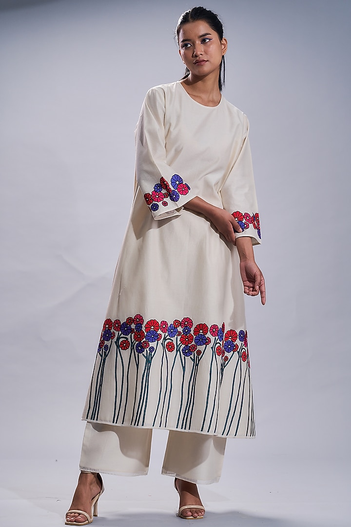 Ivory Chanderi Embroidered Party Wear Anarkali Set by Taika By Poonam Bhagat at Pernia's Pop Up Shop