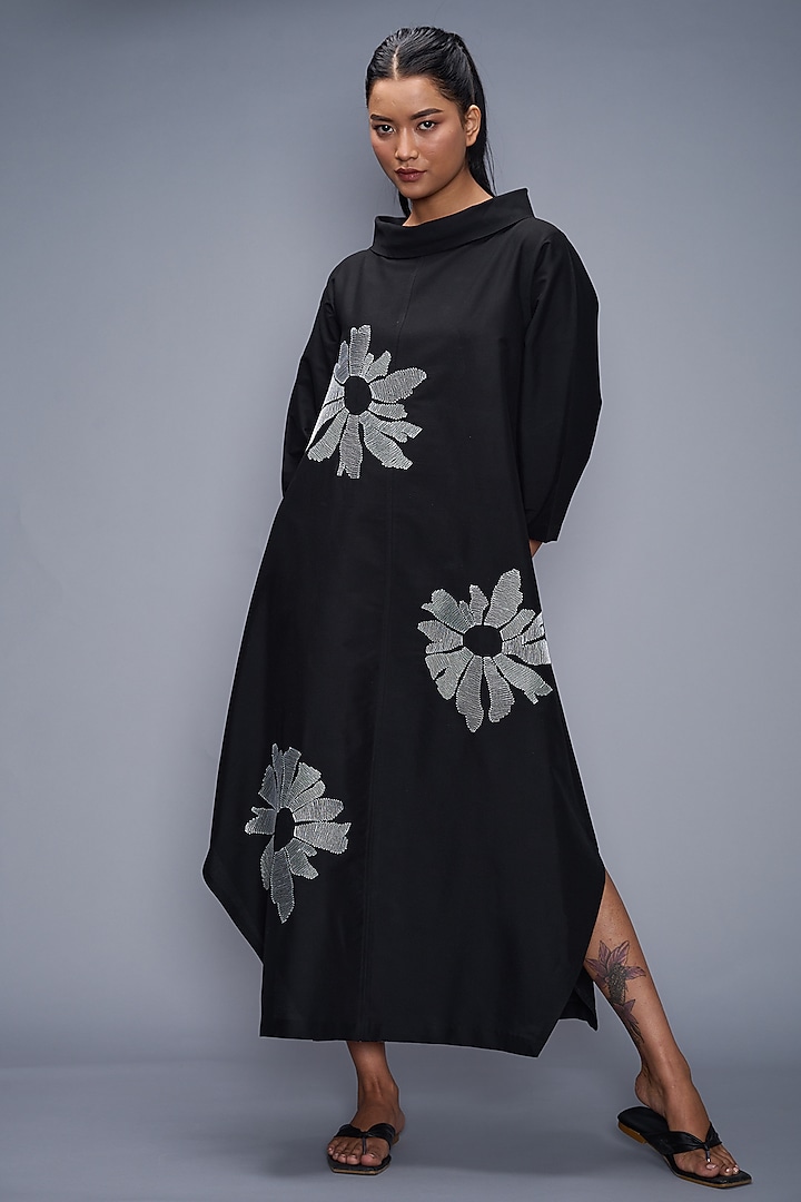Black Silk Embroidered Vacation Dress by Taika By Poonam Bhagat at Pernia's Pop Up Shop