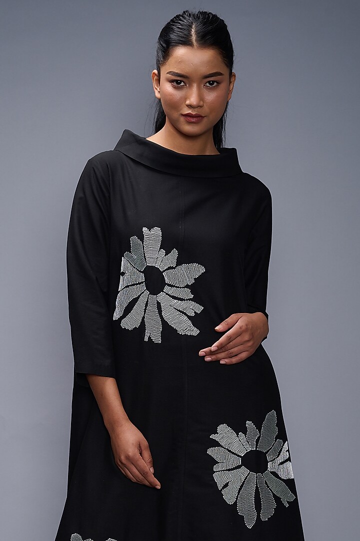 Black Silk Embroidered Vacation Dress by Taika By Poonam Bhagat at Pernia's Pop Up Shop