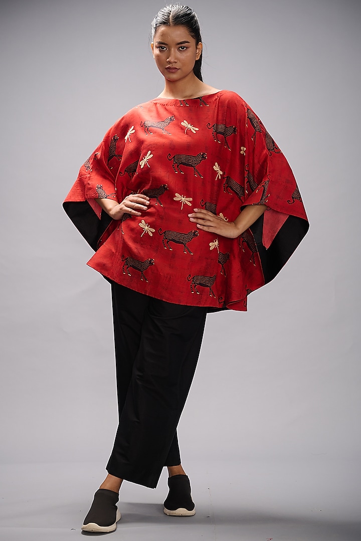 Red Embroidered Poncho by TAIKA by Poonam Bhagat