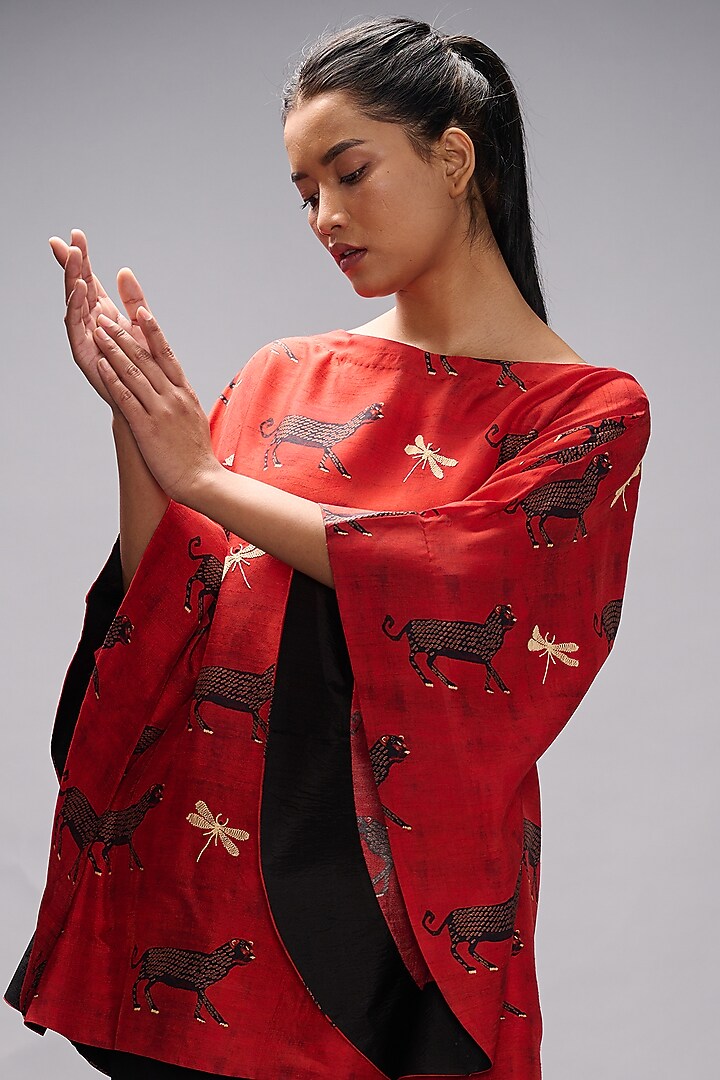 Red Embroidered Poncho by TAIKA by Poonam Bhagat at Pernia's Pop Up Shop