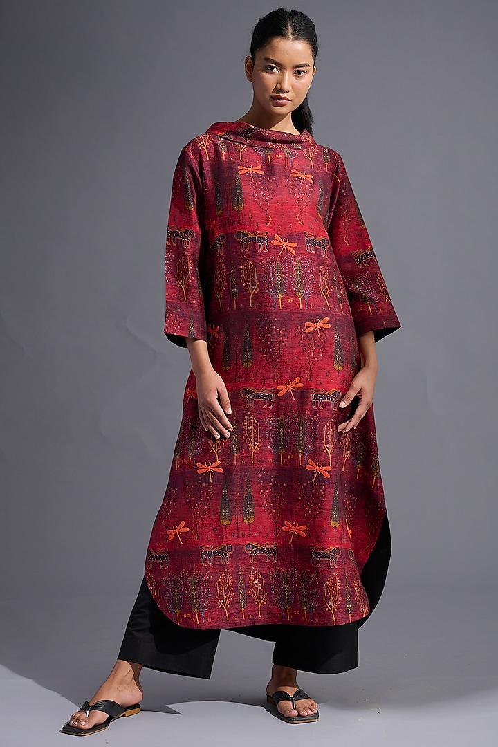 Red Silk Printed & Embroidered Tunic Set by TAIKA by Poonam Bhagat