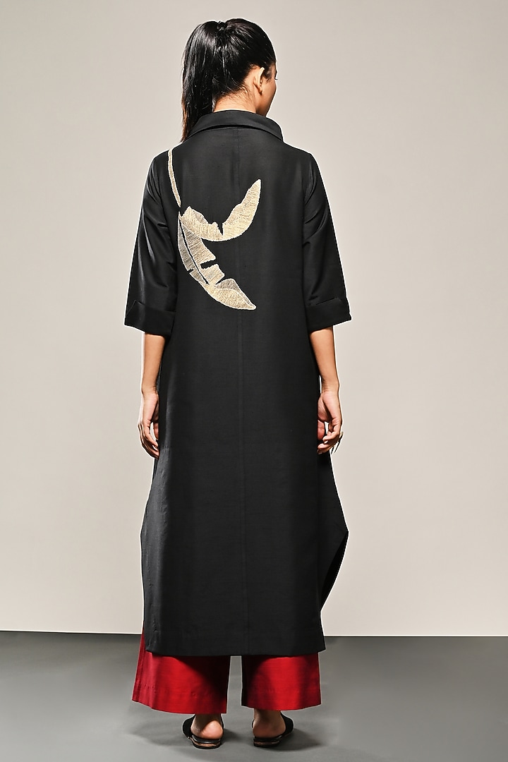 Black Cotton Silk Leaf Embroidered Tunic Set by TAIKA by Poonam Bhagat at Pernia's Pop Up Shop