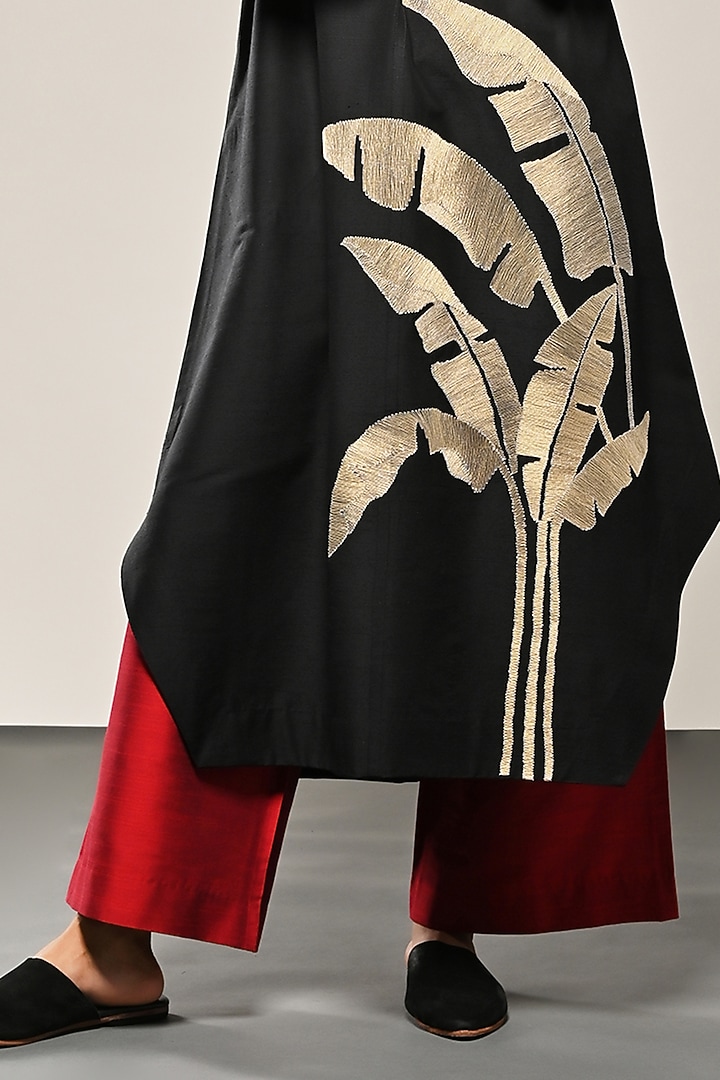 Black Cotton Silk Leaf Embroidered Tunic Set by TAIKA by Poonam Bhagat at Pernia's Pop Up Shop