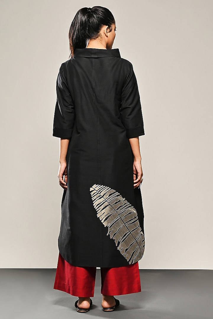 Black Cotton Silk Leaf Embroidered Tunic Set by TAIKA by Poonam Bhagat at Pernia's Pop Up Shop