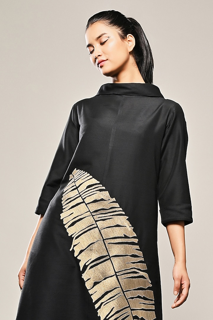 Black Cotton Silk Leaf Embroidered Tunic Set by TAIKA by Poonam Bhagat at Pernia's Pop Up Shop