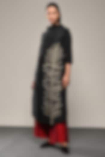 Black Cotton Silk Leaf Embroidered Tunic Set by TAIKA by Poonam Bhagat at Pernia's Pop Up Shop