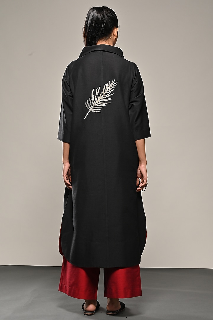 Black Cotton Silk Leaf Embroidered Tunic Set by TAIKA by Poonam Bhagat at Pernia's Pop Up Shop