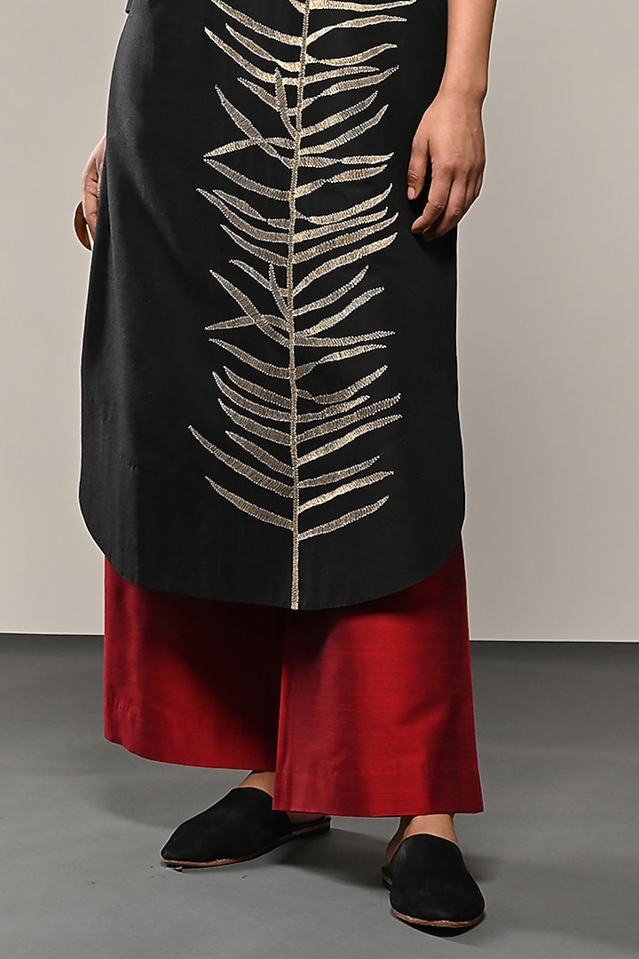 Black Cotton Silk Leaf Embroidered Tunic Set by TAIKA by Poonam Bhagat at Pernia's Pop Up Shop