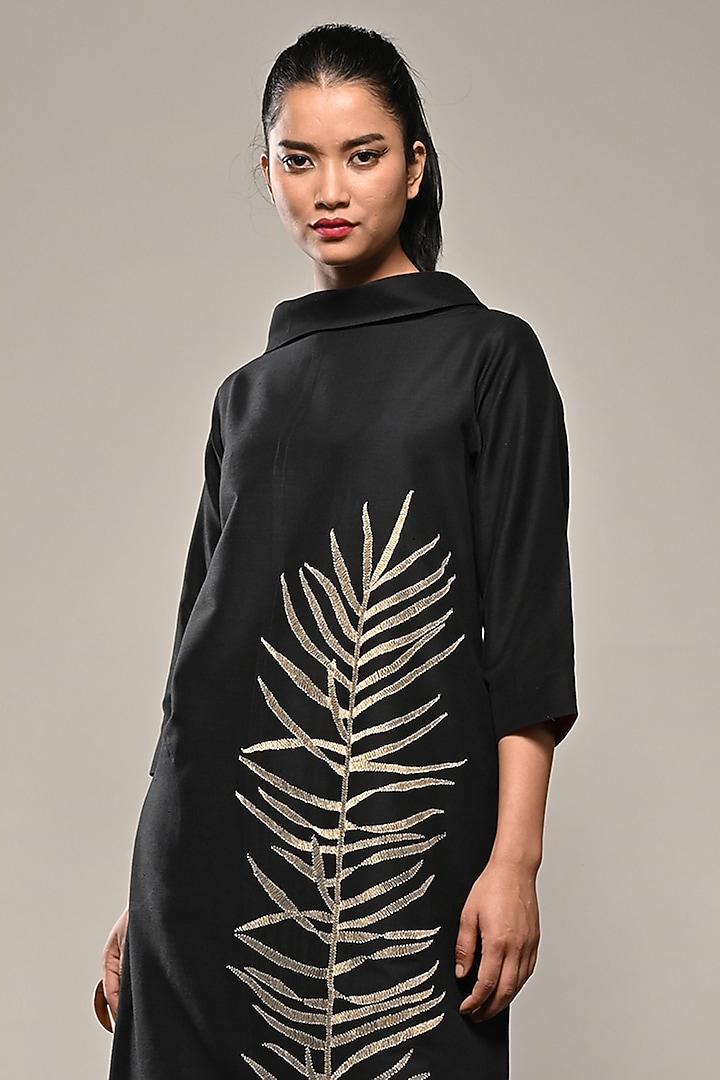 Black Cotton Silk Leaf Embroidered Tunic Set by TAIKA by Poonam Bhagat at Pernia's Pop Up Shop