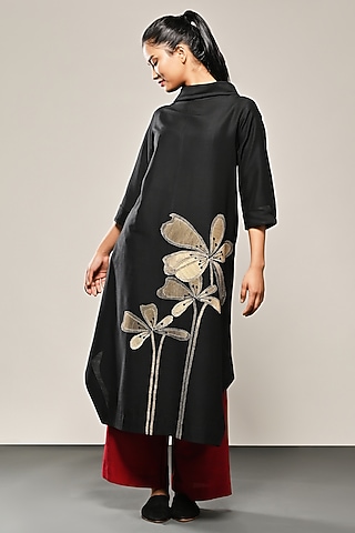 Black Cotton Silk Embroidered Tunic Set by TAIKA by Poonam Bhagat