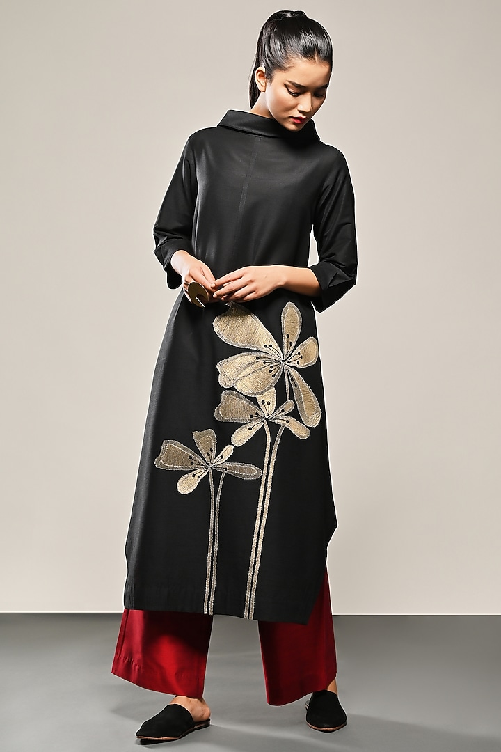 Black Cotton Silk Embroidered Tunic Set by TAIKA by Poonam Bhagat at Pernia's Pop Up Shop