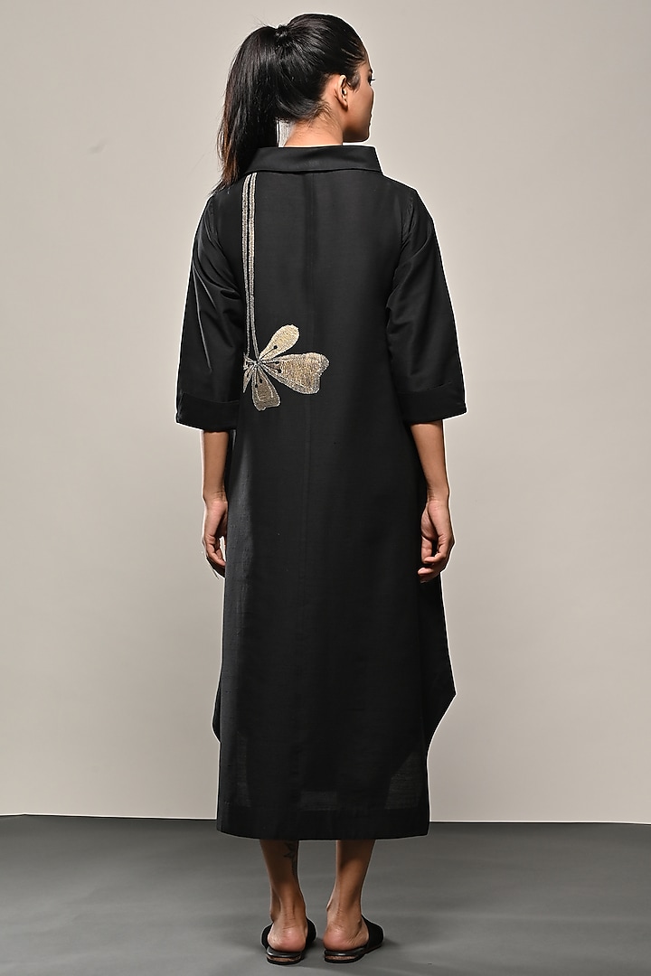 Black Cotton Silk Embroidered Midi Vacation Dress by TAIKA by Poonam Bhagat at Pernia's Pop Up Shop
