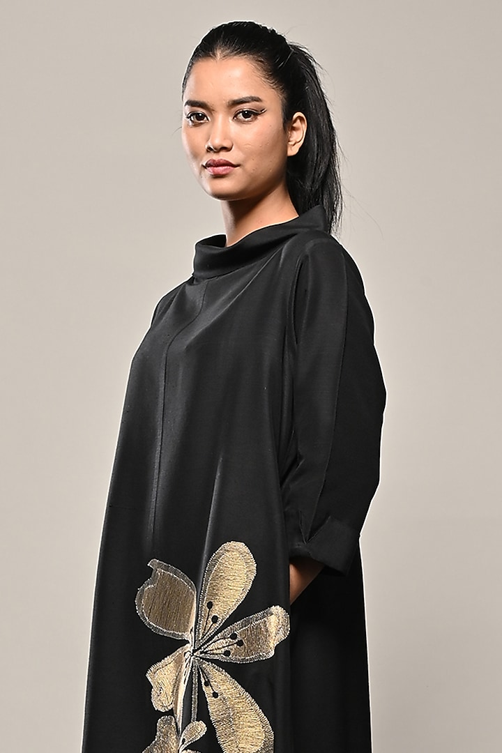 Black Cotton Silk Embroidered Midi Vacation Dress by TAIKA by Poonam Bhagat at Pernia's Pop Up Shop