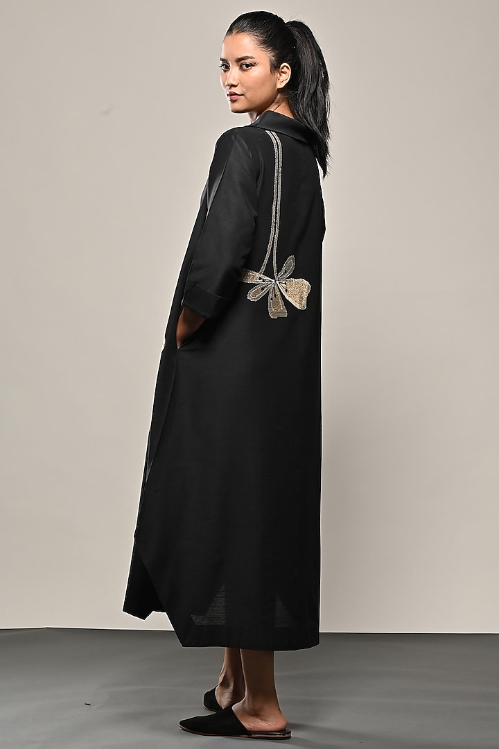 Black Cotton Silk Embroidered Midi Vacation Dress by TAIKA by Poonam Bhagat at Pernia's Pop Up Shop