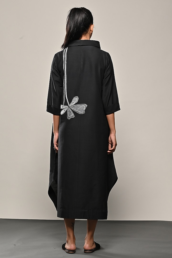 Black Cotton Silk Embroidered Midi Vacation Dress by TAIKA by Poonam Bhagat at Pernia's Pop Up Shop