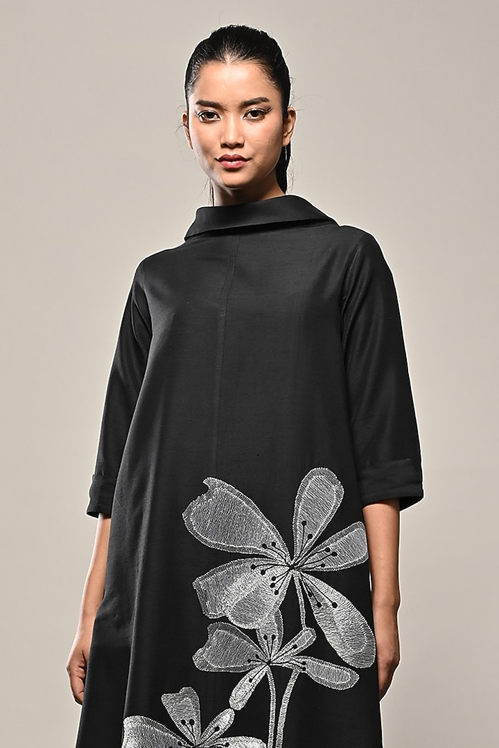 Black Cotton Silk Embroidered Midi Vacation Dress by TAIKA by Poonam Bhagat at Pernia's Pop Up Shop