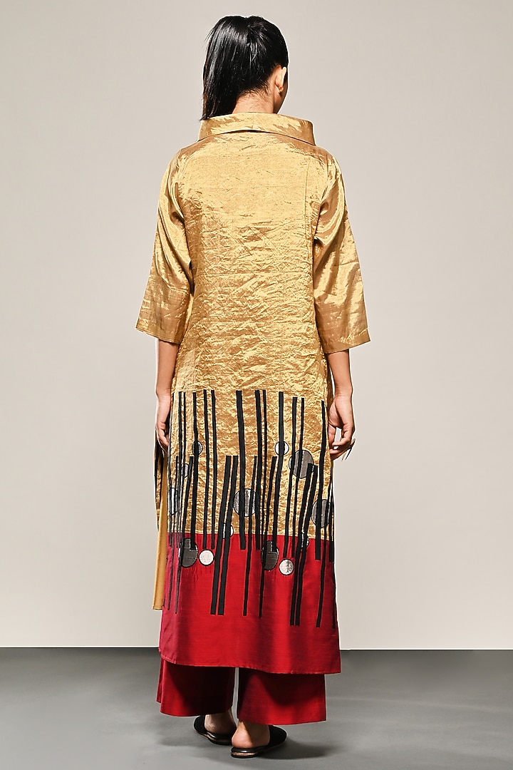 Gold Chanderi Tissue Applique Embroidered Tunic Set by TAIKA by Poonam Bhagat at Pernia's Pop Up Shop