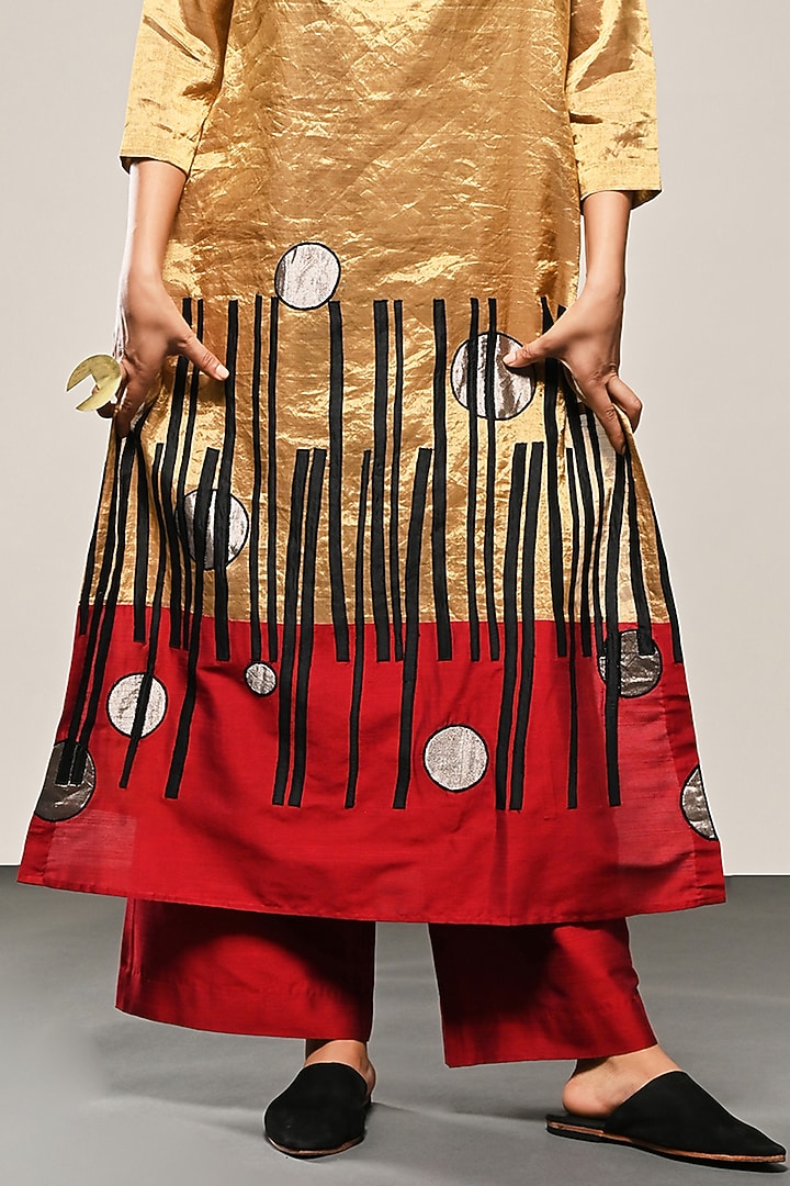 Gold Chanderi Tissue Applique Embroidered Tunic Set by TAIKA by Poonam Bhagat at Pernia's Pop Up Shop