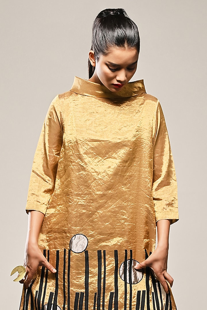 Gold Chanderi Tissue Applique Embroidered Tunic Set by TAIKA by Poonam Bhagat at Pernia's Pop Up Shop