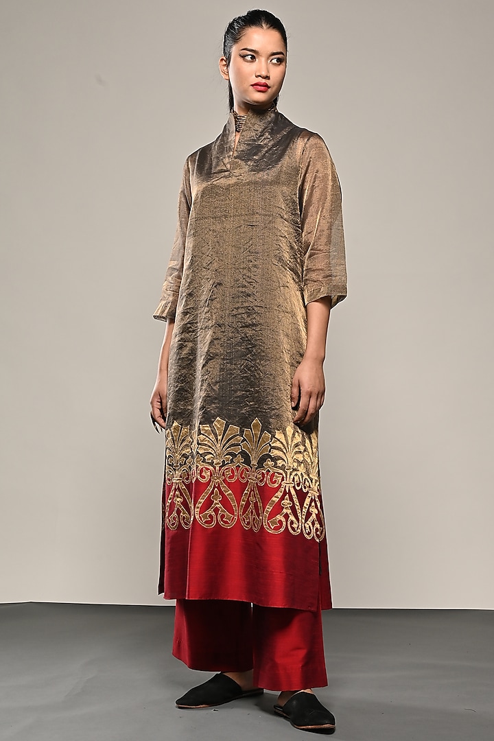 Bronze Chanderi Tissue Applique Embroidered Tunic Set by TAIKA by Poonam Bhagat
