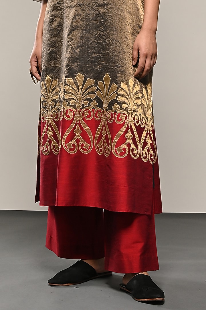 Bronze Chanderi Tissue Applique Embroidered Tunic Set by TAIKA by Poonam Bhagat at Pernia's Pop Up Shop