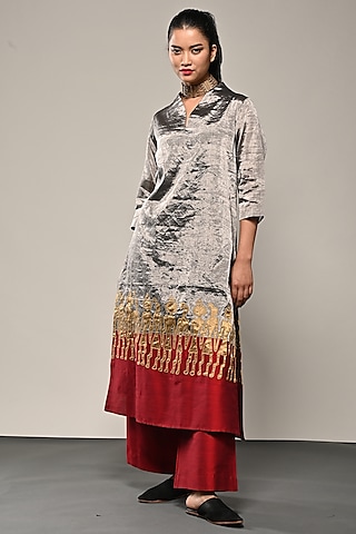 Silver Chanderi Tissue Applique Embroidered Tunic Set by TAIKA by Poonam Bhagat