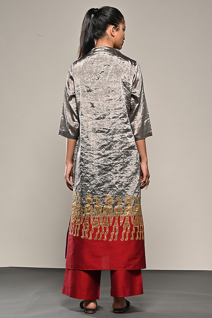Silver Chanderi Tissue Applique Embroidered Tunic Set by TAIKA by Poonam Bhagat at Pernia's Pop Up Shop